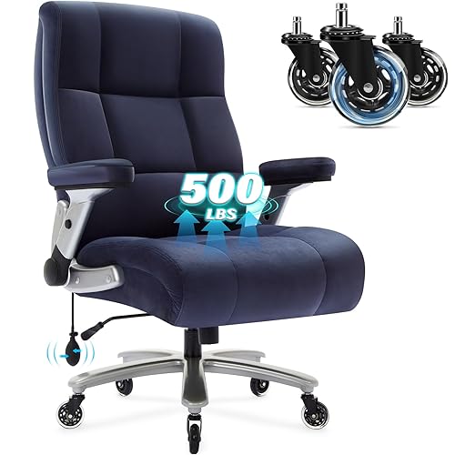 Big and Tall Office Chair 500lbs with Adjustable Lumbar Support, Fabric Executive Computer Chair with 2D Flip-up Armrests, Ergonomic Chair Quiet Rubber Wheels, Extra Wide Seat, Adjustable Headrest