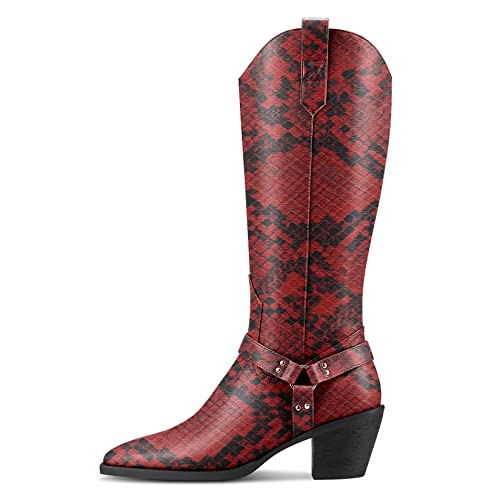 Castamere Women Chunky Block Low Kitten Heel Pointed Toe Mid Calf Boots Buckle Classic Dress 6.5 CM Heels - 4 UK - Red Snake