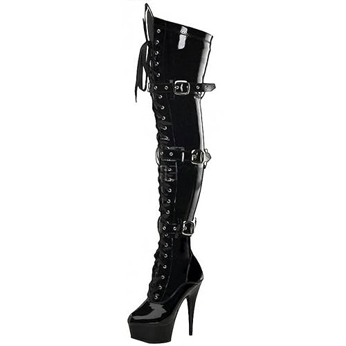 BeAUZQ Women's Patent Leather PU Thigh High Boots Side Zip 15CM Stiletto High Heel Over The Knee Boots Sexy Stripper Club Party Shoes - 37 EU - Black