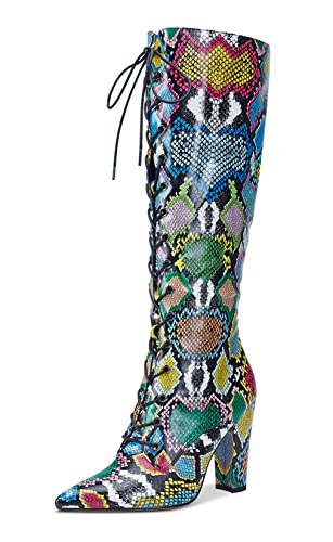 Castamere Women's Mid-Calf Boots Zipper Lace-Up Block Heels 4IN High Heels - 4 UK - Blue Snake