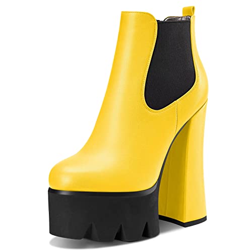 CASTAMERE Women Chunky Block Heel Platform Round Toe Slip-on Ankle Boots Short Bootie Sexy Wedding Party 15 CM Heels - 4 UK - Yellow