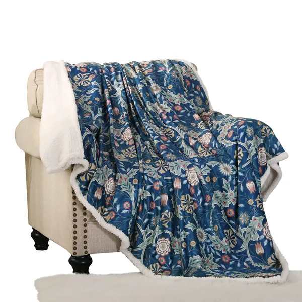 Obal William Morris Sherpa Fleece Blanket Fluffy Throw Blankets for Bed and Couch Soft Microfiber Throws (Blue Floral, Travel/Single 150x130)