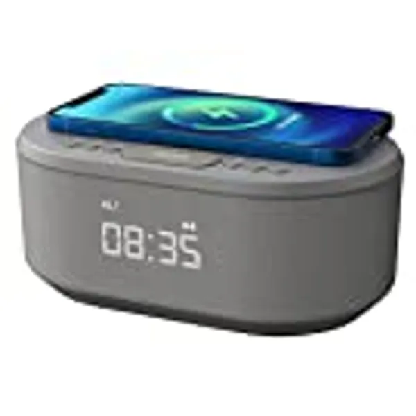 i-box Bedside Wireless Charging Non Ticking Radio Alarm Clock with Dimmable LED Display - Mains Powered Dual Alarm Clock with USB Charger and Bluetooth Speaker