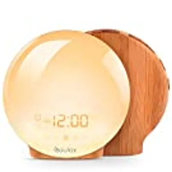 COULAX Sunrise Alarm Clock Wood Grain Wake Up Light Sunset Simulation Night Light with FM Radio, Snooze Function and Atmosphere Light Function