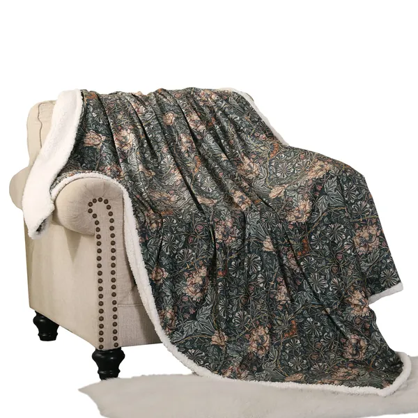 Obal William Morris Sherpa Fleece Blanket Fluffy Throw Blankets for Bed and Couch Soft Microfiber Throws (Honeysuckle, Travel/Single 150x130)