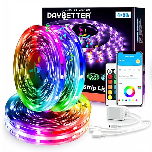 DAYBETTER Led Strip Lights Smart with App Control Remote, 5050 RGB for Bedroom, Music Sync Color Changing for Room Party 200 ft (4 Rolls of 50 ft) - Multicolor - 200FT