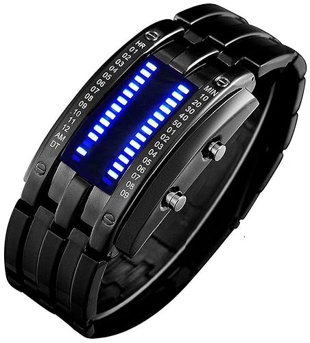 FANMIS Creative Mens Binary Matrix Blue LED Digital Watch Fashion Classic Black Plated Waterproof LED Backlight Bracelet Watches - Black