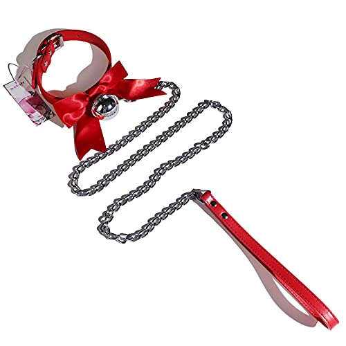 paloli Handmade Cosplay Choker Lolita Kitty Bell Collar with Ribbon Women Leather Choker Necklace - Red Chain