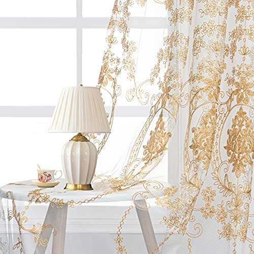 European Embroidered Sheer Curtains 63 Inch 2 Panels Rod Pocket Voile Curtains White Sheer Europe Floral Tulle Window Drapes for Living Room/Bedroom(52 x 63 Inch, White Sheer + Gold Embroidery) - White Bottom+gold Embroidery - W52 x L84 Inch