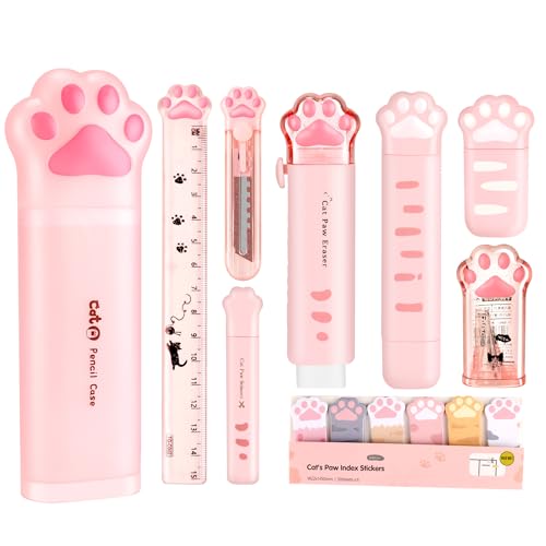 PANDENNER 10 Pcs Kawaii School Supplies, Cute Stationery Set,Including Pencil Sharpener,Eraser, Correction Tape,Sticky Notes, Ruler, Mini Scissors,Utility Knife, for Kawaii Office Supplies - Set A