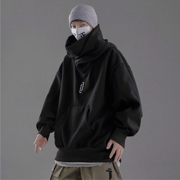 Hip Hop Street Style Turtle neck Embroidered Solid Hoodie