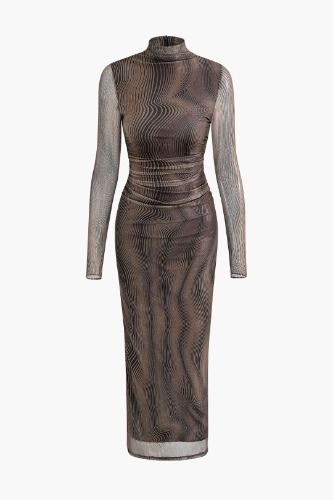 Wave Mock Neck Mesh Long Sleeve Maxi Dress | BROWN / XS