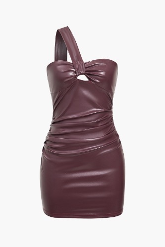 One-Shoulder Cutout Ruched Faux Leather Mini Dress | MAROON / XS