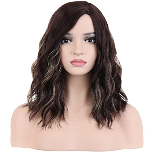 BERON 14" Women Girls Short Curly Bob Wavy Wig Body Wave Halloween Cosplay Daily Party Wigs (Brown Blonde) - Brown Blonde
