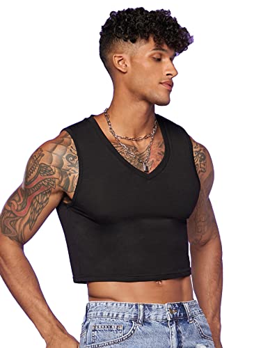 Verdusa Men's Sleeveless V Neck Crop Tank Muscle Top Pullover - Medium - Black