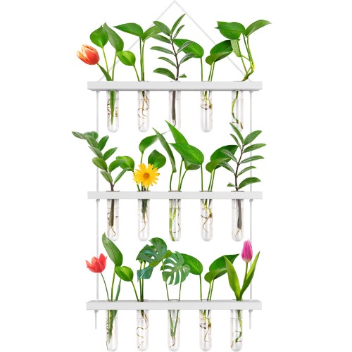 EVEAGE Propagation Station, Wall Hanging Planter Terrarium Retro 3 Tiered Propagation Test Tube for Hydroponic Plants Cutting Home Office Garden Decor with 16 Glass Tubes. (Modern White)