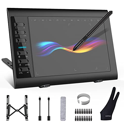 XOPPOX Graphics Drawing Tablet 10 x 6 Inch Large Active Area with 8192 Levels Battery-Free Pen and 12 Hot Keys, Compatible with PC/Mac/Android OS for Painting, Design & Online Teaching Black