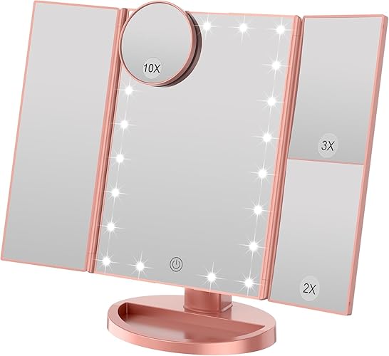 WEILY Tri-fold Vanity Mirror, 21 LEDs and 2X/3X Magnification, Touch Switch for Adjusting Brightness, Dual Power Supply mode Makeup Mirror (Rose Gold) - Rose Gold