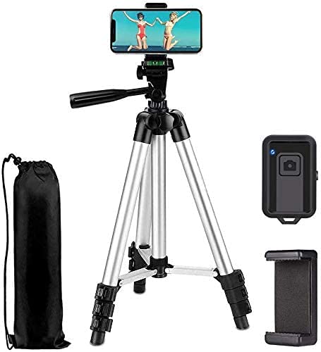 Phone Tripod EVERESTA 42 Inch Smartphone Tripod, Phone Tripod and Clicker, Phone tripod stand with Phone Holder Mount and Bluetooth Remote Shutter - Silver
