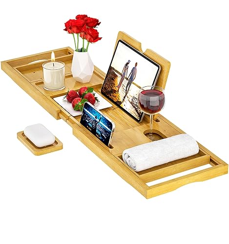 Premium Bathtub Tray Caddy - Bath Tray Bamboo Expandable - Bath Tub Tray Table for Bathtub - Expandable Size, Fits Most Bath Tubs - Natural