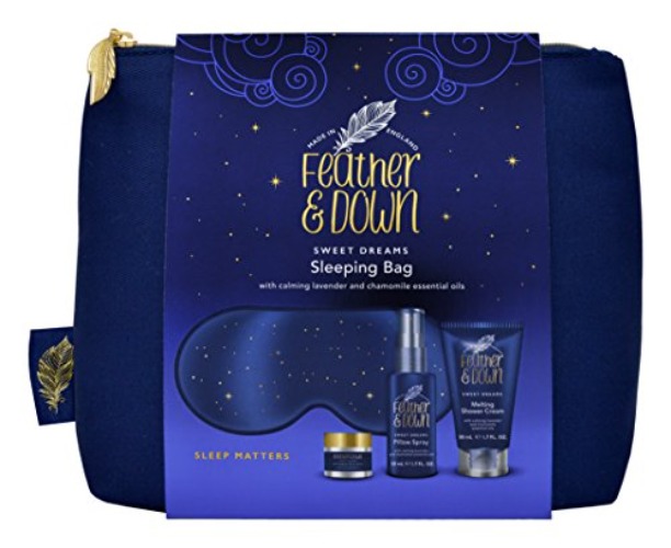 Feather & Down Sleeping Bag Gift Set (luxury eye mask, sleep balm, pillow spray and shower cream) - with calming lavender & chamomile essential oils. Vegan Friendly & Cruelty Free. - Single