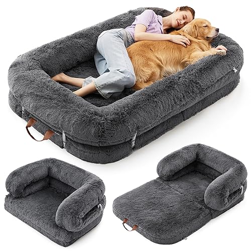 Lesure Foldable Human Dog Bed - 3 in 1 Flexible Giant Human Dog Bed for Adult People with Supportive Bolster Egg Foam, Waterproof Liner, Calming Fluffy Faux Fur Orthopedic Big Bean Bed, Dark Grey - 68.0"L x 44.0"W x 12.0"Th - Dark Grey