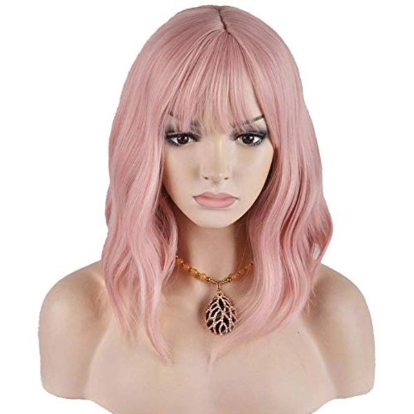 Peluca Mujer Rosa Corto Ondulada Pelo Rizado para Disfraz de Halloween Cosplay Carnaval Navidad Fiesta