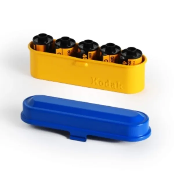 KODAK Film Case - for 5 Rolls of 35mm Films - Compact, Retro Steel Case to Sort and Safeguard Film Rolls (Blue Top/Yellow Body)