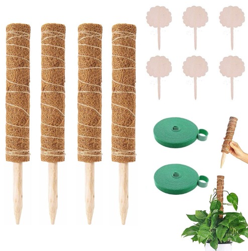4Pack 12 Inch Moss Pole, Coir Moss Poles Plant Support Monstera, Natural Coco Coir Plant Pole for Potted Plants with 6 Pcs Wooden Plant Tags and 2 Rolls 78 Inch Strap - Support Plants to Grow Upwards - 12inch