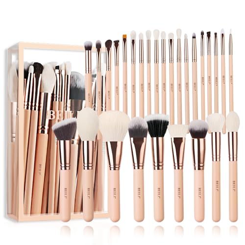 BEILI Makeup Brushes Set,Eye Makeup Brushes,Concealer brushes,28pcs Professional Foundation Brush Eyeshadow Brush Eyeliner Eyebrow Blending Blush Natural Goat Hair Rose Gold Pink - Pink