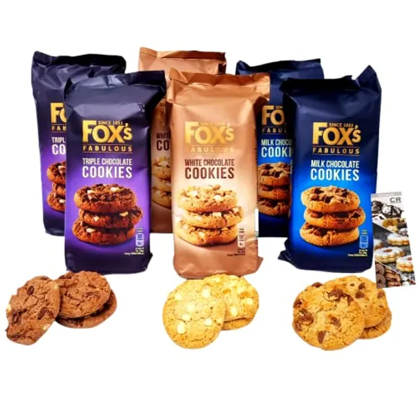 Fox's Fabulous cookies 6 x 180g - 2 x milk chocolate, 2 x triple chocolate, 2 x white chocolate. Biscuits for Special Occasions, to share with friends and family.