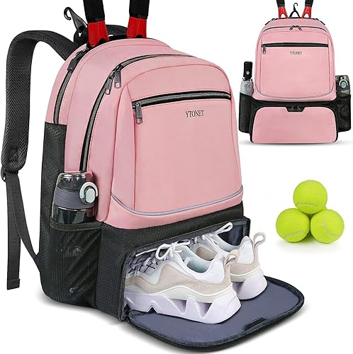 Ytonet Tennis Bag Tennis Backpack for Women Men 2 Rackets with Insulated Pocket Ventilated Shoe Compartment - Large - Pink
