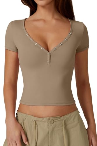 QINSEN Women's Sexy Short Sleeve Henley T Shirts Double Lined Button Up Slim Fit Crop Top Y2K Going Out Tops - Medium - Coffee