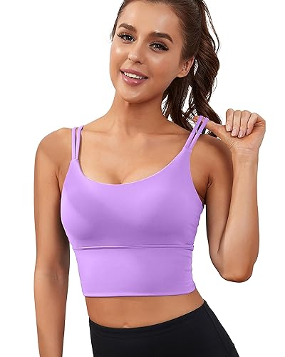Everrysea Longline Sports Bra for Women Padded Workout Tank Tops Built in Bras Strappy Yoga Corp Top Camisole - Medium - Dream Purple