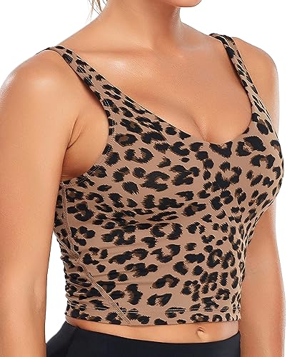 Oalka Sports Bra Womens Longline Padded Crop Tank Yoga Bras Workout Fitness Top - Small - Khaki Leopard