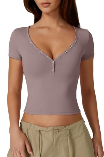 QINSEN Women's Sexy Short Sleeve Henley T Shirts Double Lined Button Up Slim Fit Crop Top Y2K Going Out Tops - Medium - Mushroom