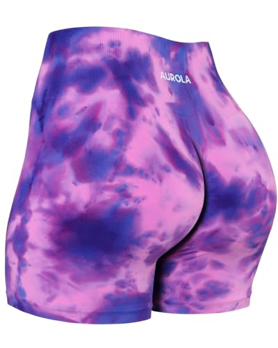 AUROLA Dream Tie Dye Workout Shorts for Women Seamless Scrunch Soft Active Shorts - Medium - Purple Fireworks Tie Dye
