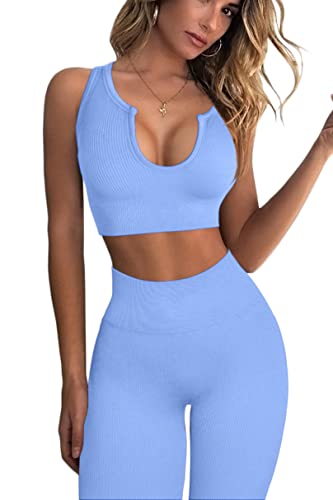 QINSEN Workout Outfits for Women 2 Piece Ribbed Seamless Crop Tank High Waist Yoga Leggings Sets - Medium - Blue 01
