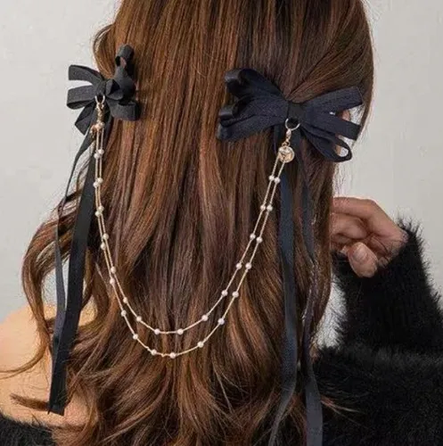 Black bow hairpin half ponytail hair accessory