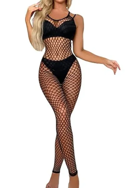 CZSABXY Women's One Piece Fishnet Lingerie Bodysuit Mesh Bodystocking Sexy Tights Nightwear Jumpsuit Underwear - H-black
