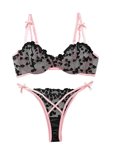 Lilosy Sexy Underwire Cute Push Up Strappy Embroidered Mesh Sheer Lingerie Set See Through Panty Bra