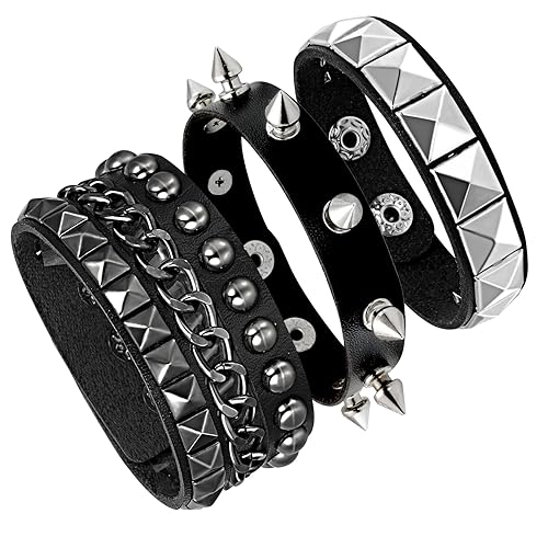 Eigso 3 Pcs Leather Punk Bracelets for Men Women of Rock Rivet Wrap Retro Spike Bracelet Adjustable - Black-2