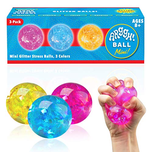 Power Your Fun Arggh Mini Glitter Stress Balls for Adults and Kids - 3pk Squishy Stress Ball Fidget Toys, Sensory Stress and Anxiety Relief Squeeze Toys (Yellow, Pink, Blue) - Mini Glitter Stress Balls - 3 Pack
