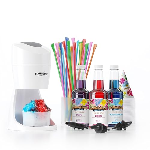 Hawaiian Shaved Ice Maker Kit - Home Snow-Like Dessert Machine for Kids with Cherry, Grape, Blue Raspberry Syrups - 25 Cups, Spoon Straws & Bottle Pourers - Silky Smooth Frozen Treat System - 4 Fl Oz (Pack of 4)