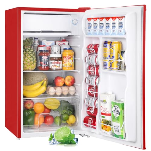 Upstreman 3.2 Cu.Ft Mini Fridge with Freezer, Single Door, Adjustable Thermostat, Refrigerator for Dorm, Office, Bedroom, Red-BR321 - Passion Red