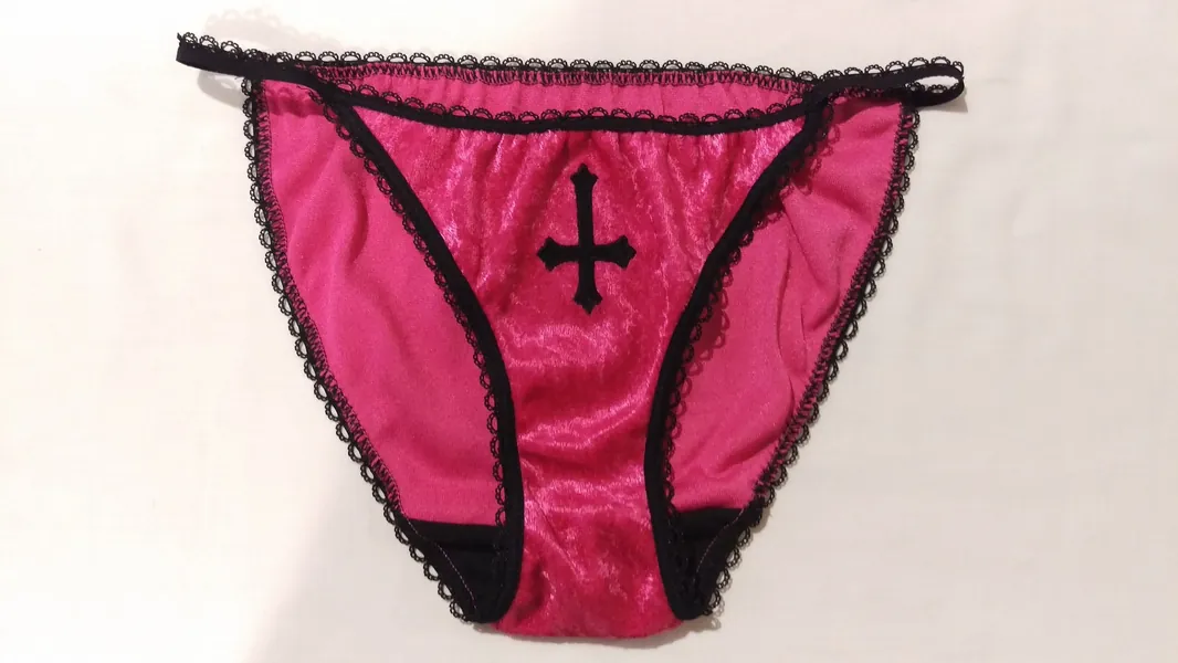 INVERTED CROSS Black Embroidery Pink Crushed VELVET String Panty Womens Goth Punk Pinup Lingerie Underwear, Color Options