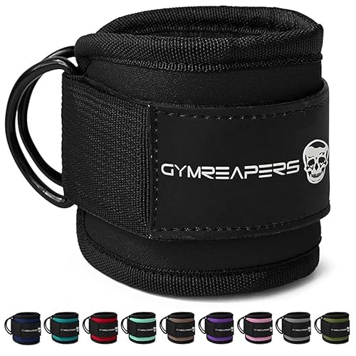 Gymreapers Ankle Straps (Pair) For Cable Machine Kickbacks, Glute Workouts, Lower Body Exercises - Adjustable Leg Straps with Neoprene Padding - Black - Single
