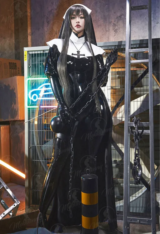Miccostumes x Mobbunny x Chowbie Sisters Sexy Lingerie Set Black Nun Costume Bodysuit Jumpsuit with Collar Headband Necklace