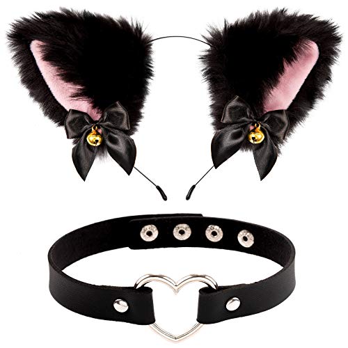 Whaline Black Cat Ear Headband with Bell Heart Chocker Necklace Girl Plush Furry Cat Ear Hair Band for Girl Women Adult Cosplay Party Fancy Dress Halloween Drama, 2Pcs