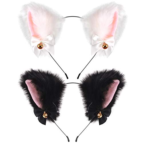 Cat Ears Headband Cosplay Girl Plush Furry Neko Ears Cosplay Costume Party Headbands for Women Girls Kids - 2pcs (Black+white)